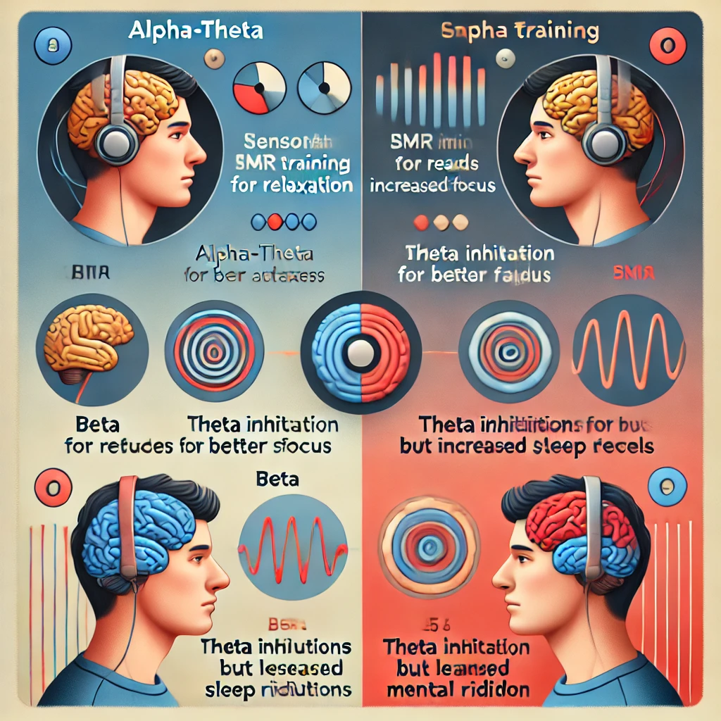 DALL·E 2025 02 23 16.19.28   A conceptual infographic illustrating paradoxes in neurofeedback training. The image should feature a split design with contrasting effects 1. One s